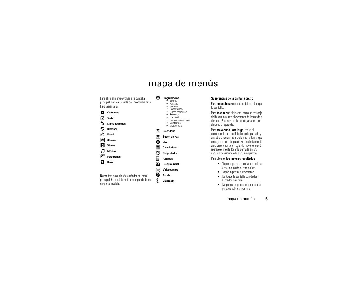 Mapa de menús | Motorola Evoke 68000201338-C User Manual | Page 69 / 128