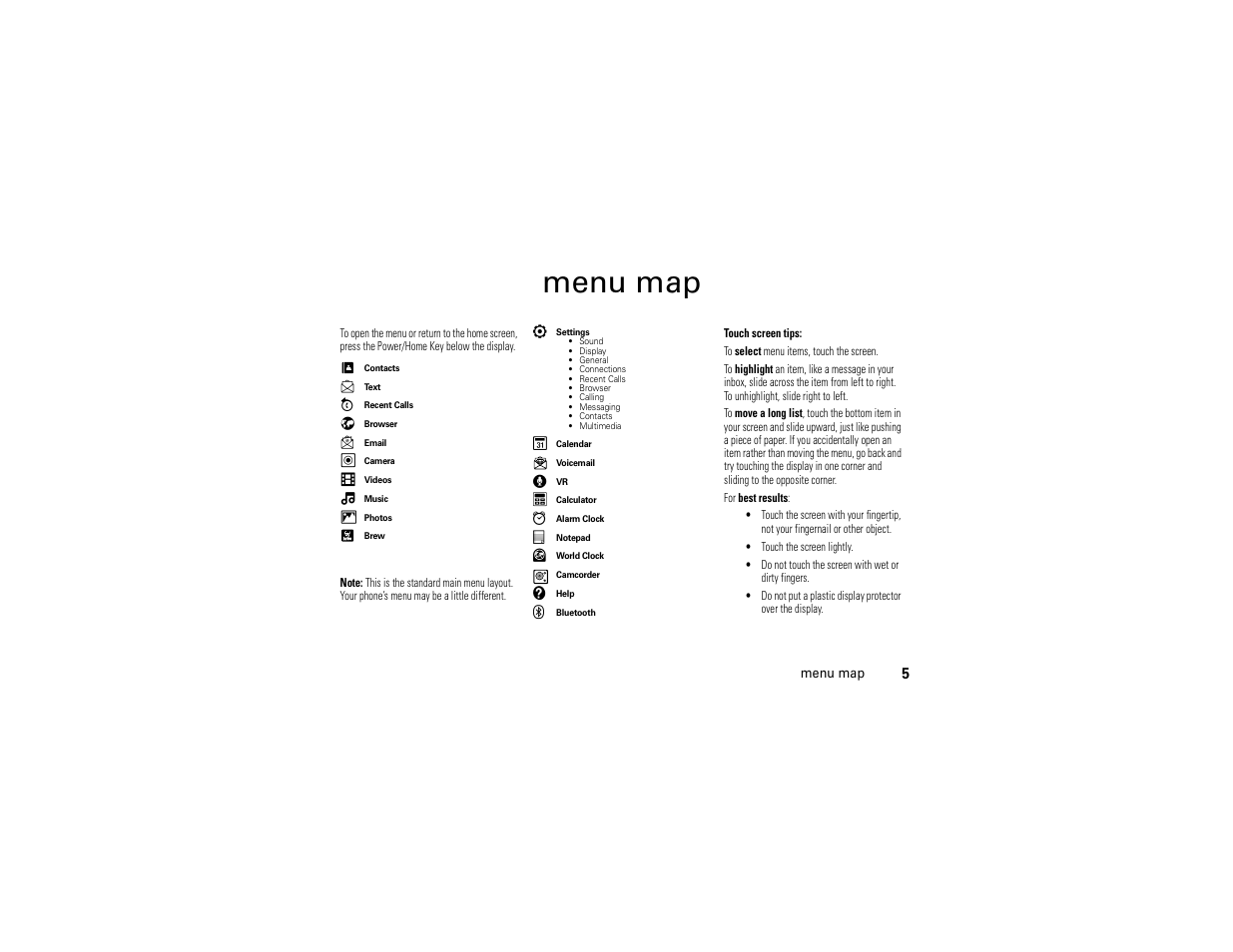 Menu map | Motorola Evoke 68000201338-C User Manual | Page 7 / 128