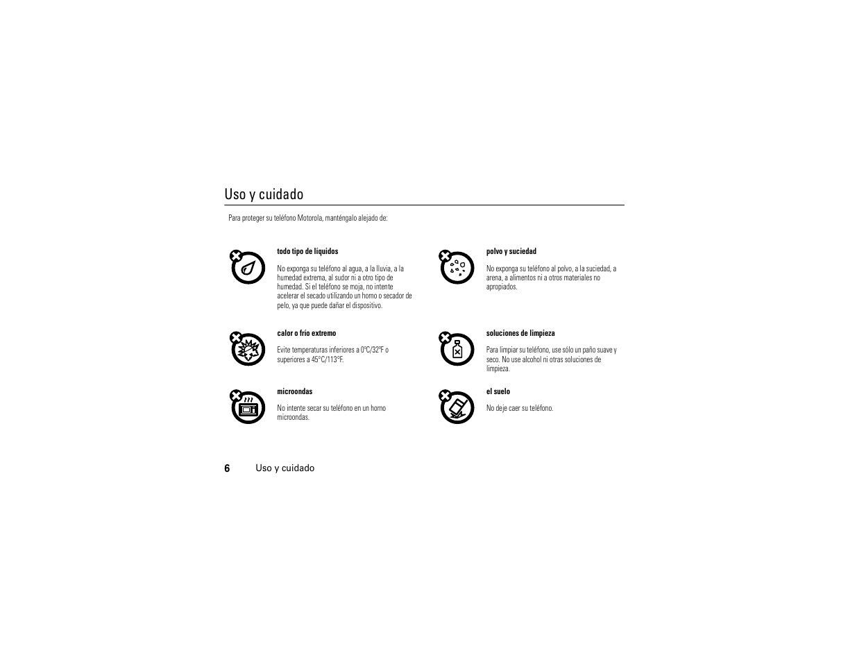 Uso y cuidado | Motorola Evoke 68000201338-C User Manual | Page 70 / 128