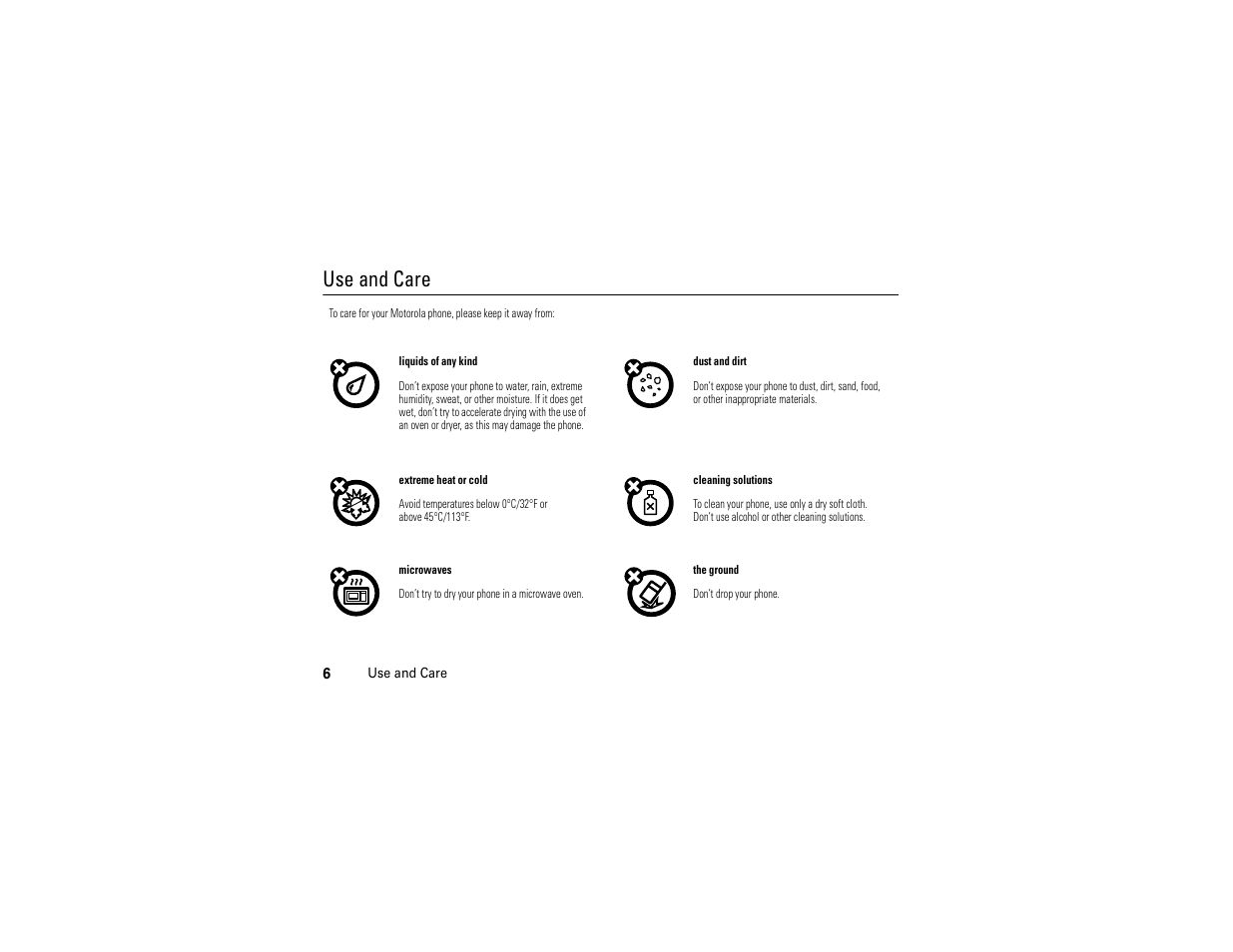 Use and care | Motorola Evoke 68000201338-C User Manual | Page 8 / 128