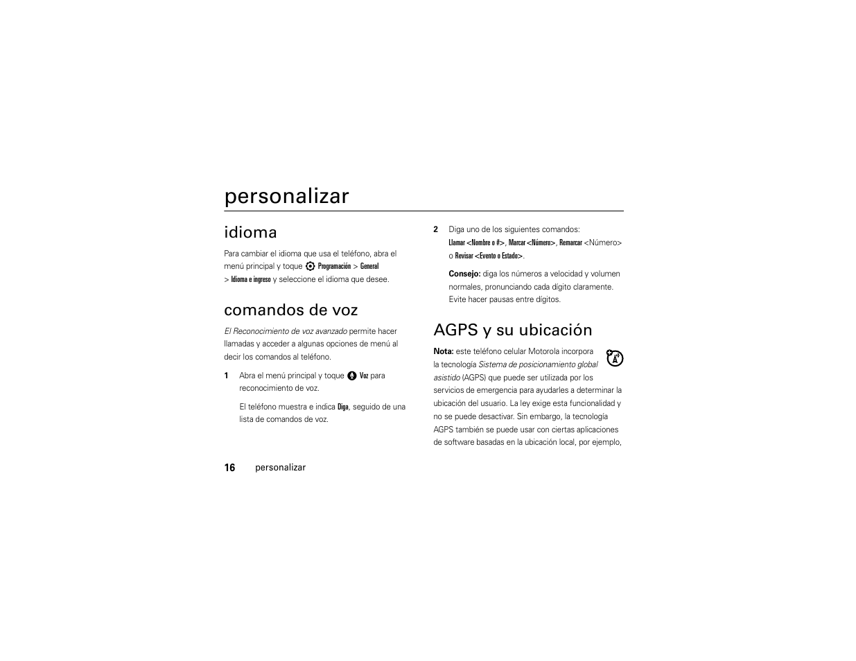 Personalizar, Idioma, Comandos de voz | Agps y su ubicación | Motorola Evoke 68000201338-C User Manual | Page 80 / 128