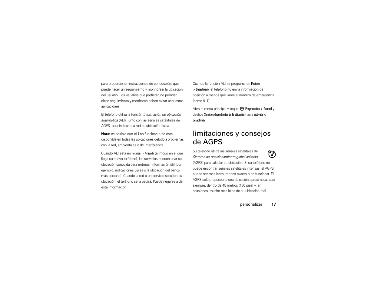 Limitaciones y consejos de agps, Limitaciones y consejos, De agps | Motorola Evoke 68000201338-C User Manual | Page 81 / 128