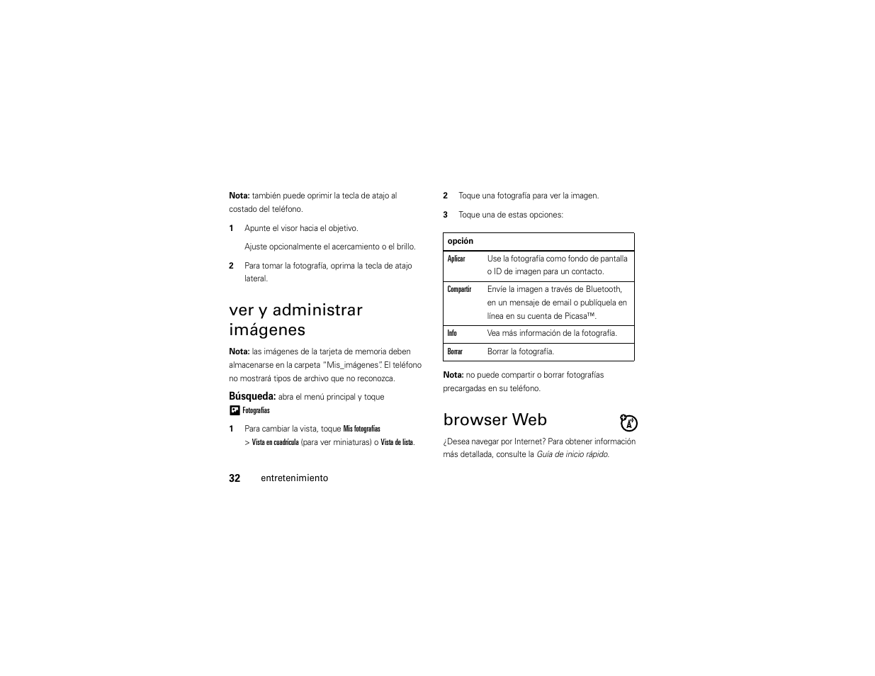 Ver y administrar imágenes, Browser web | Motorola Evoke 68000201338-C User Manual | Page 96 / 128