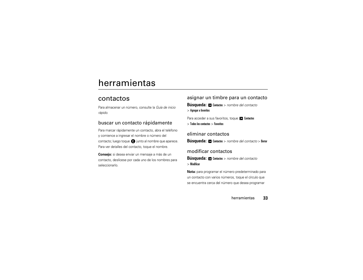 Herramientas, Contactos | Motorola Evoke 68000201338-C User Manual | Page 97 / 128