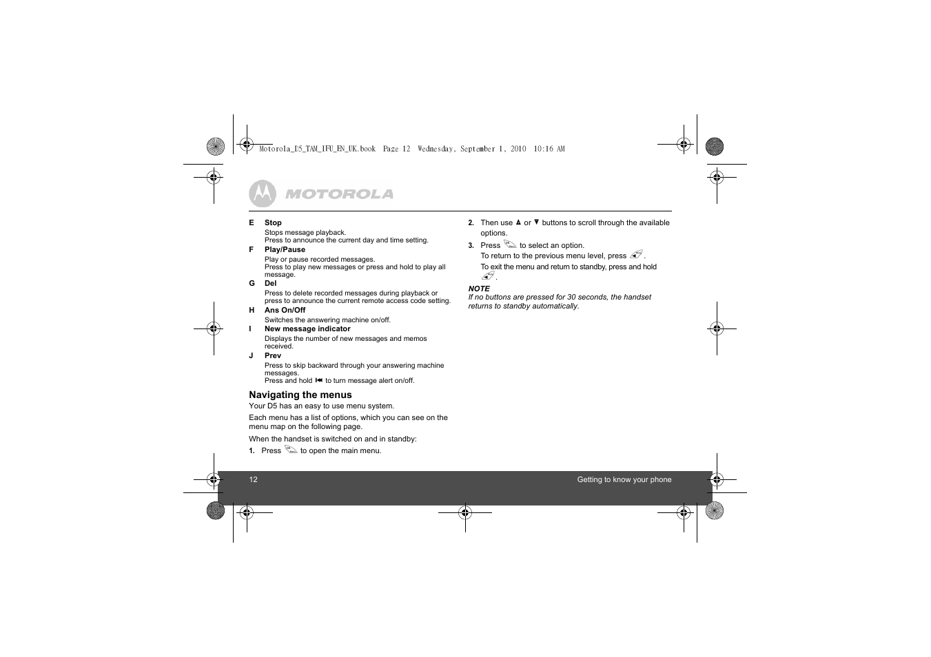 Motorola Digital Cordless Telephone with Digital Answering Machine D511 User Manual | Page 12 / 45