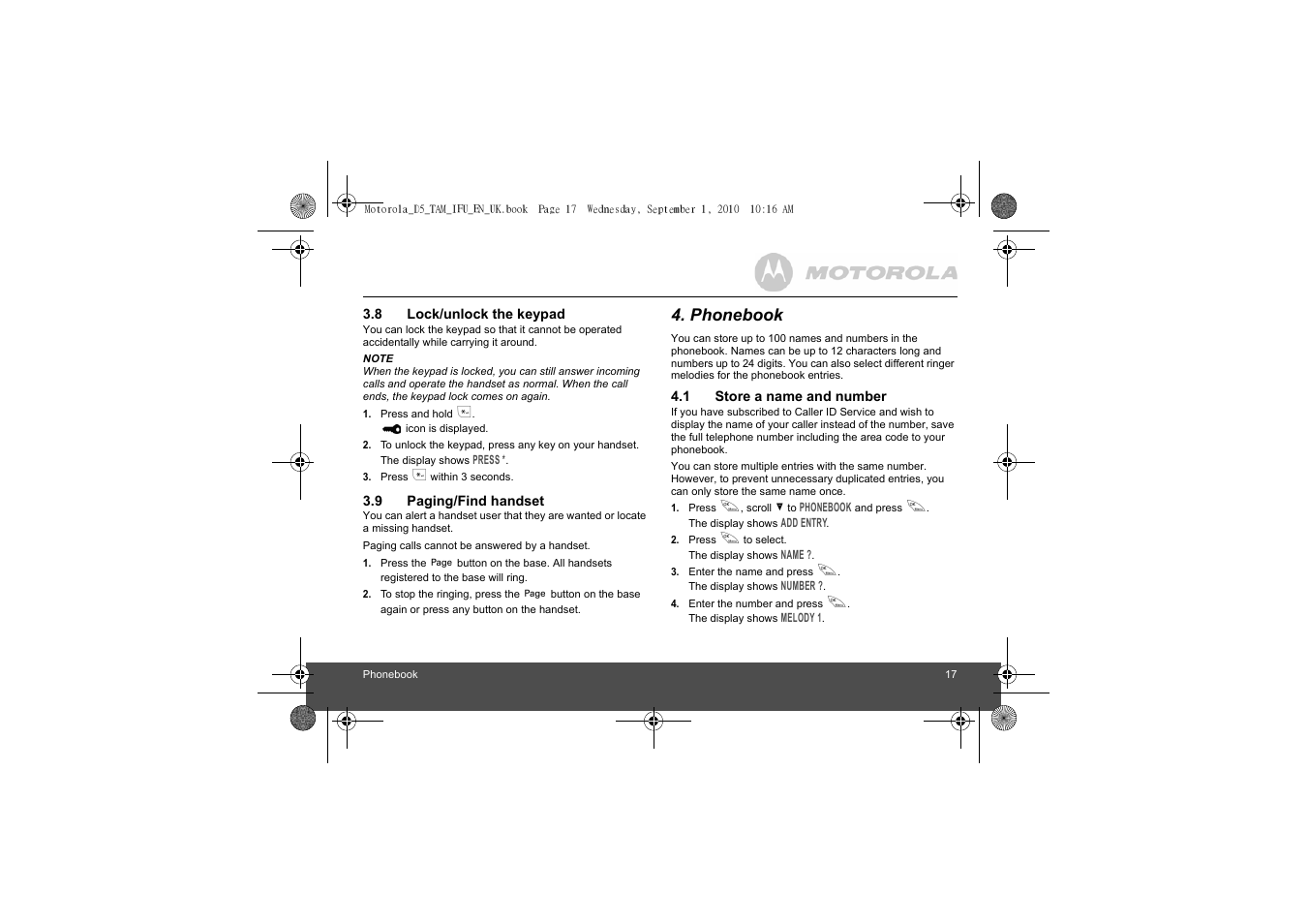 8 lock/unlock the keypad, 9 paging/find handset, Phonebook | 1 store a name and number, Lock/unlock the keypad, Paging/find handset, Store a name and number | Motorola Digital Cordless Telephone with Digital Answering Machine D511 User Manual | Page 17 / 45