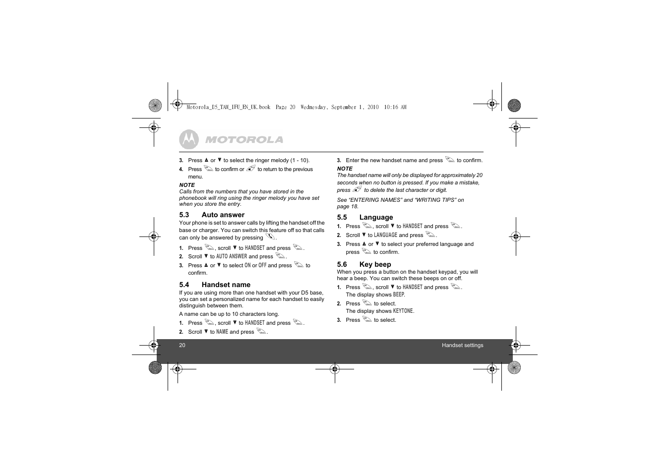 3 auto answer, 4 handset name, 5 language | 6 key beep, Auto answer, Handset name, Language, Key beep | Motorola Digital Cordless Telephone with Digital Answering Machine D511 User Manual | Page 20 / 45