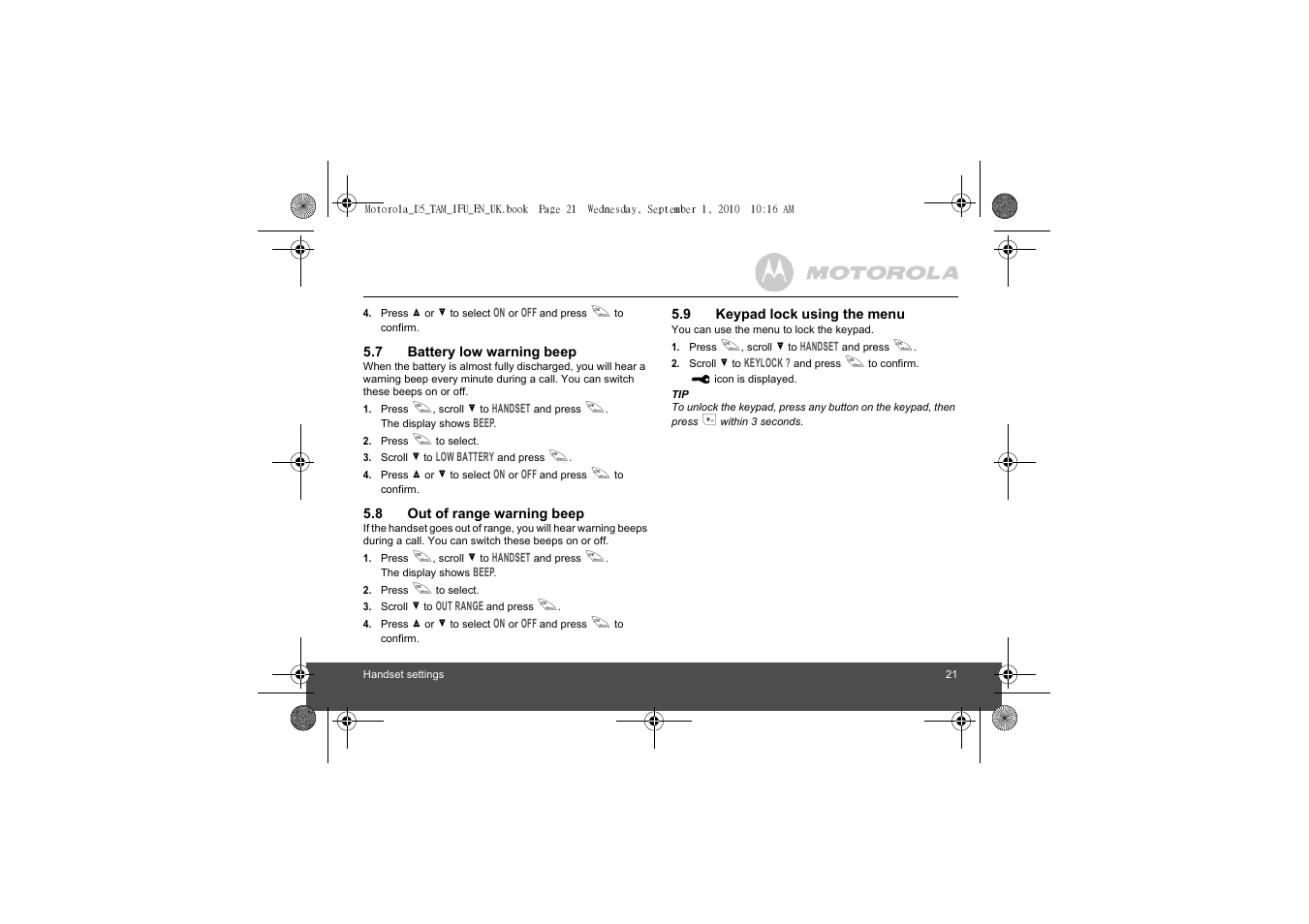 7 battery low warning beep, 8 out of range warning beep, 9 keypad lock using the menu | Battery low warning beep, Out of range warning beep, Keypad lock using the menu | Motorola Digital Cordless Telephone with Digital Answering Machine D511 User Manual | Page 21 / 45