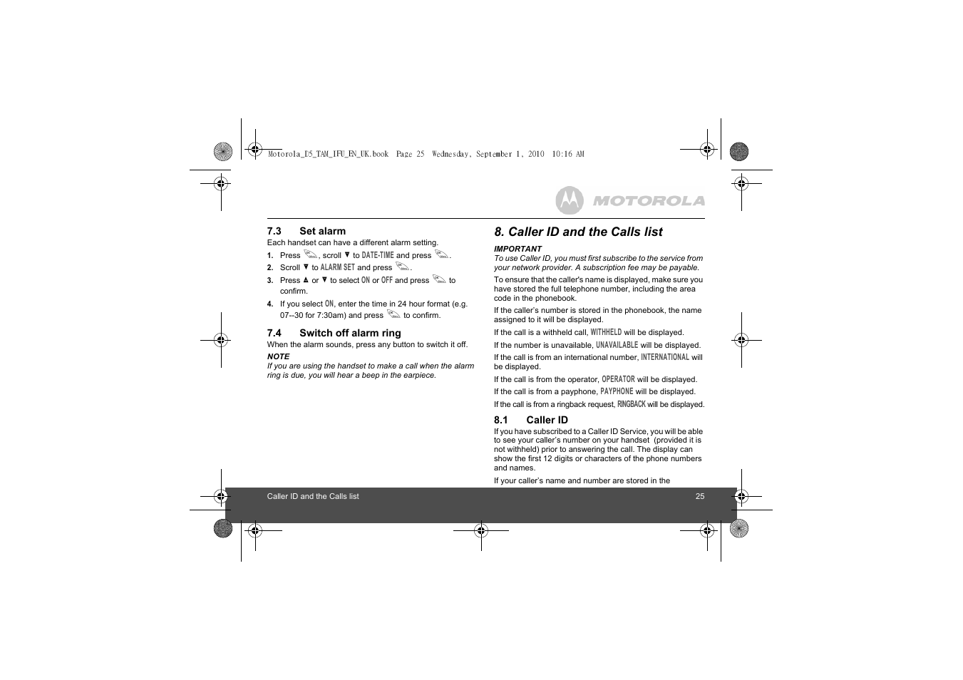 3 set alarm, 4 switch off alarm ring, Caller id and the calls list | 1 caller id, Set alarm, Switch off alarm ring, Caller id | Motorola Digital Cordless Telephone with Digital Answering Machine D511 User Manual | Page 25 / 45