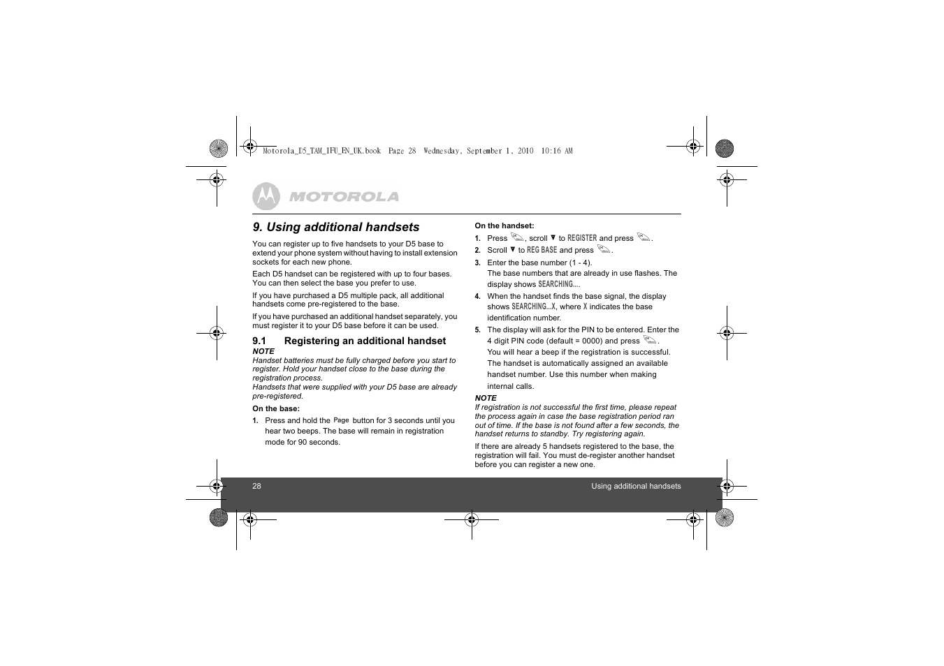 Using additional handsets, 1 registering an additional handset, Registering an additional handset | Motorola Digital Cordless Telephone with Digital Answering Machine D511 User Manual | Page 28 / 45