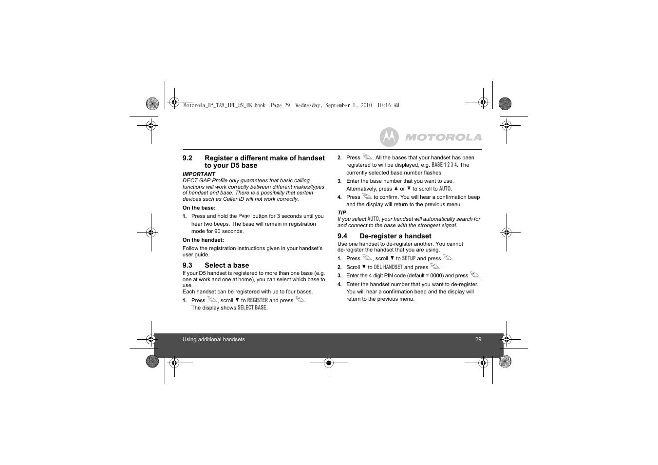 3 select a base, 4 de-register a handset, Select a base | De-register a handset | Motorola Digital Cordless Telephone with Digital Answering Machine D511 User Manual | Page 29 / 45