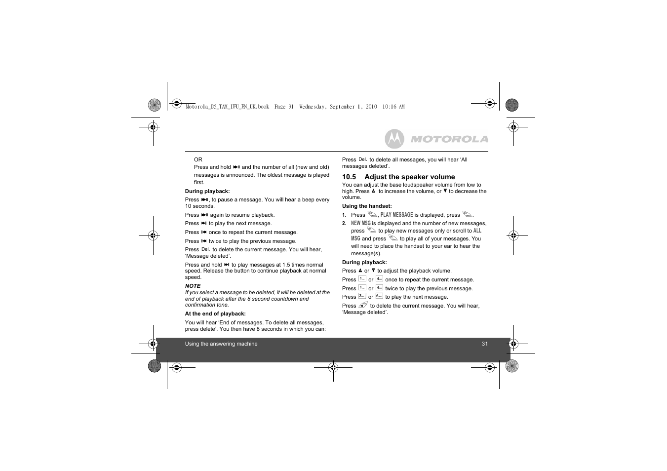 5 adjust the speaker volume | Motorola Digital Cordless Telephone with Digital Answering Machine D511 User Manual | Page 31 / 45
