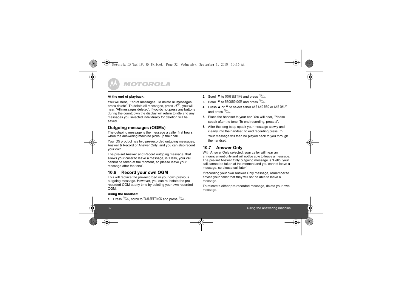 6 record your own ogm, 7 answer only, 6 record your own ogm 10.7 answer only | Motorola Digital Cordless Telephone with Digital Answering Machine D511 User Manual | Page 32 / 45