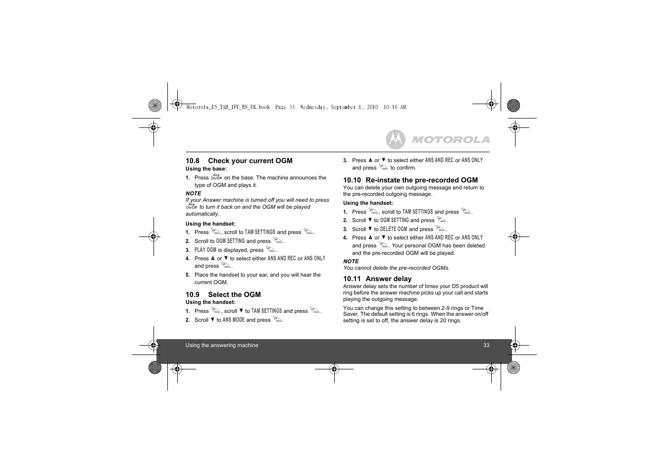 8 check your current ogm, 9 select the ogm, 10 re-instate the pre-recorded ogm | 11 answer delay | Motorola Digital Cordless Telephone with Digital Answering Machine D511 User Manual | Page 33 / 45