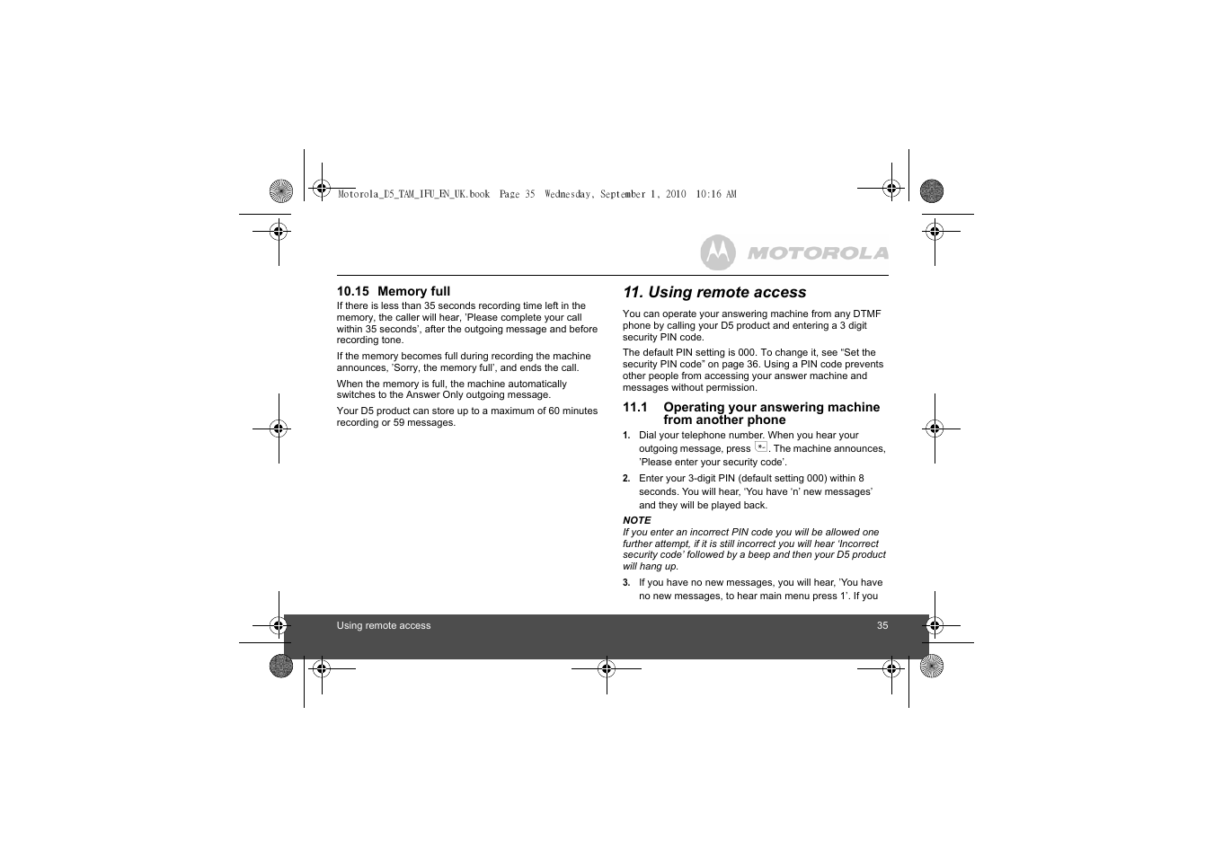 15 memory full, Using remote access, 1 operating your answering machine | From another phone | Motorola Digital Cordless Telephone with Digital Answering Machine D511 User Manual | Page 35 / 45