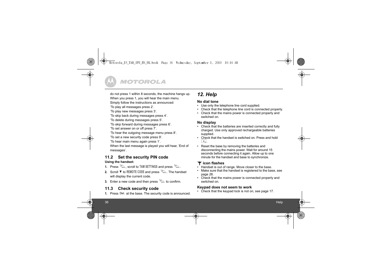 2 set the security pin code, 3 check security code, Help | Motorola Digital Cordless Telephone with Digital Answering Machine D511 User Manual | Page 36 / 45