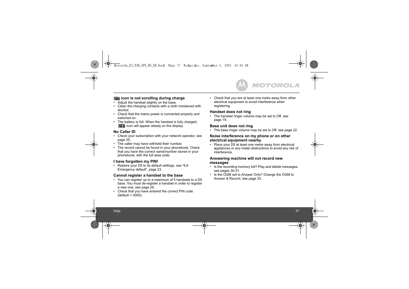 Motorola Digital Cordless Telephone with Digital Answering Machine D511 User Manual | Page 37 / 45
