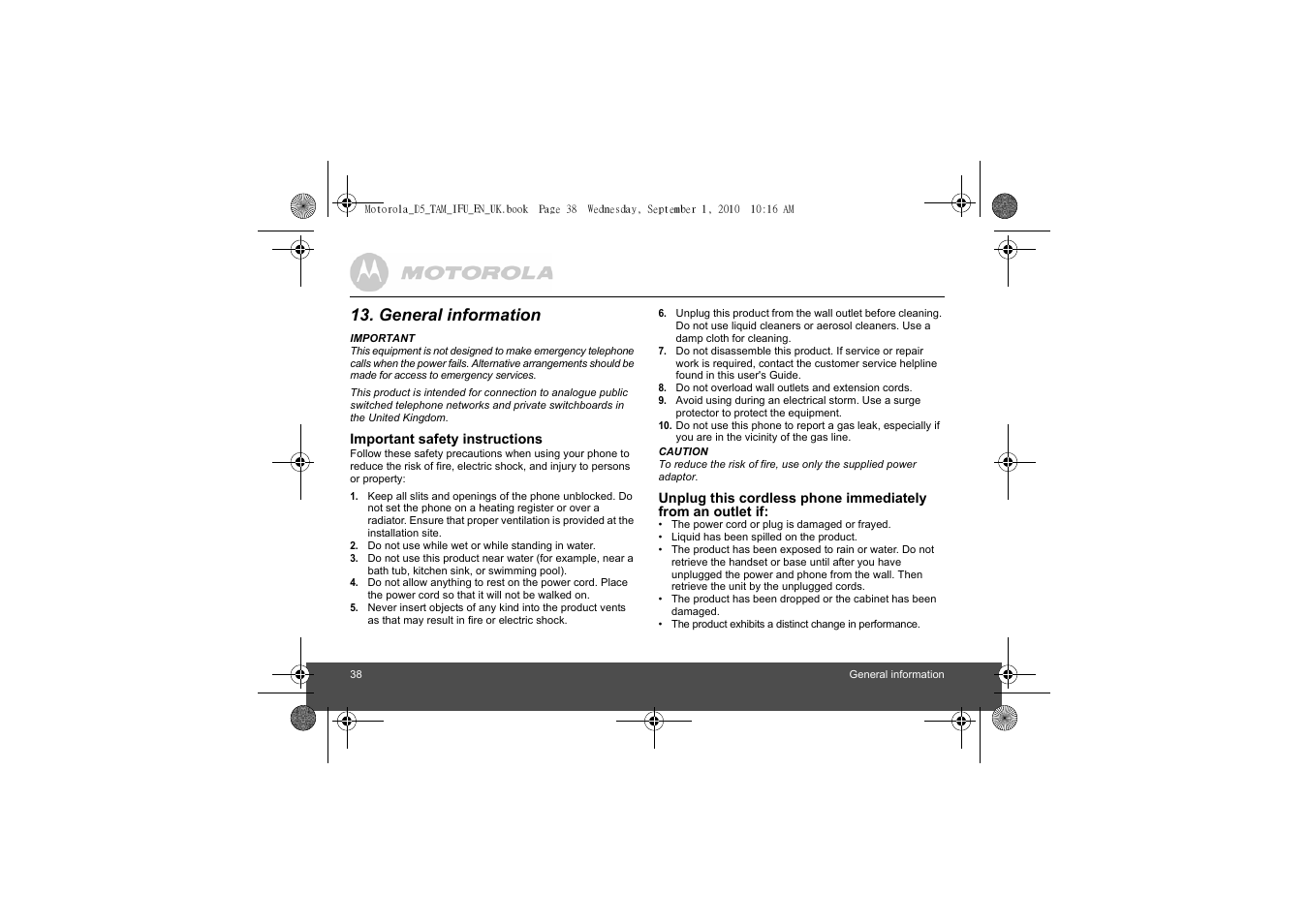 General information | Motorola Digital Cordless Telephone with Digital Answering Machine D511 User Manual | Page 38 / 45