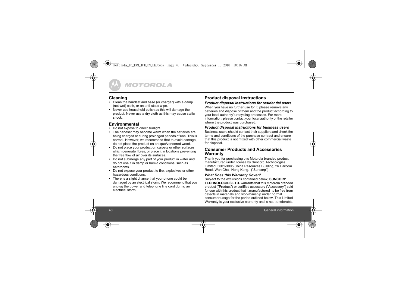 Motorola Digital Cordless Telephone with Digital Answering Machine D511 User Manual | Page 40 / 45