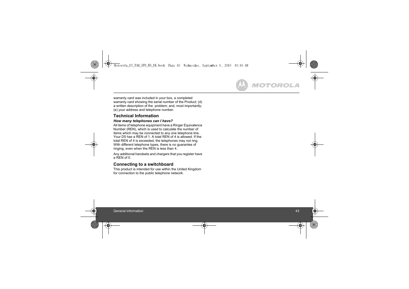 Motorola Digital Cordless Telephone with Digital Answering Machine D511 User Manual | Page 43 / 45