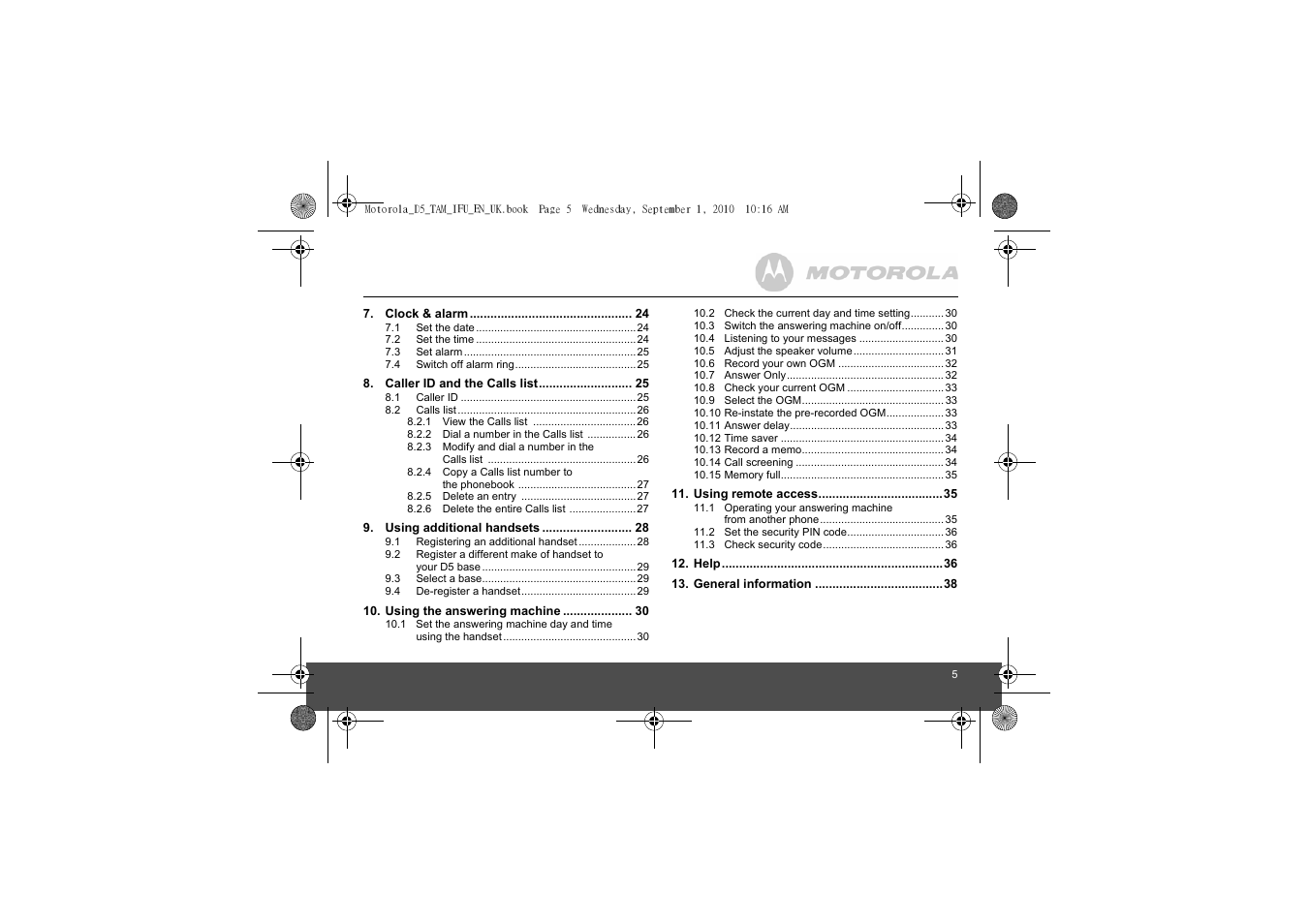 Motorola Digital Cordless Telephone with Digital Answering Machine D511 User Manual | Page 5 / 45