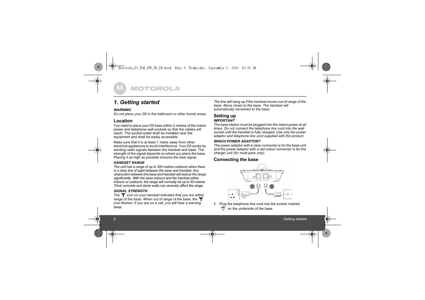 Getting started | Motorola Digital Cordless Telephone with Digital Answering Machine D511 User Manual | Page 6 / 45