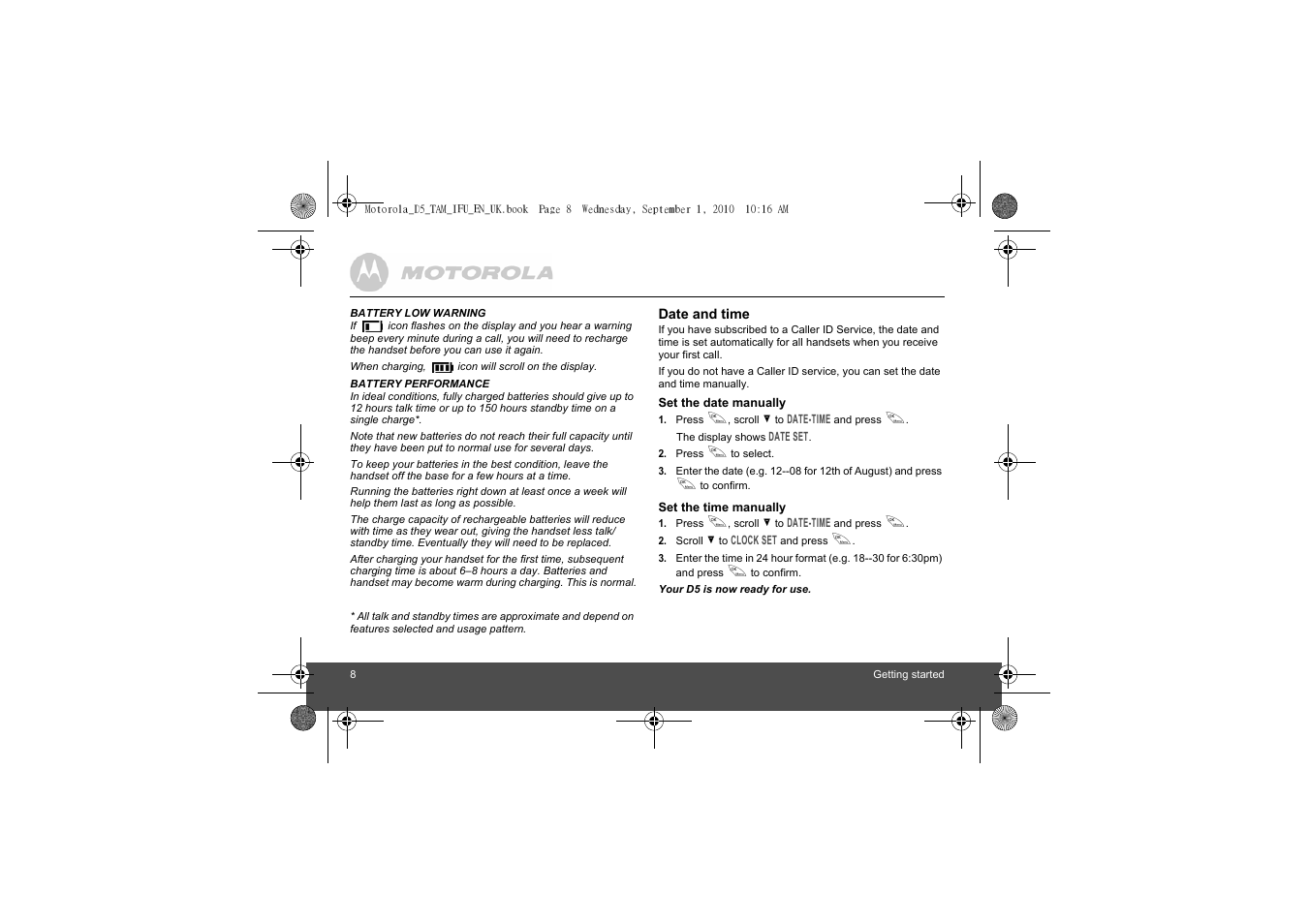 Motorola Digital Cordless Telephone with Digital Answering Machine D511 User Manual | Page 8 / 45