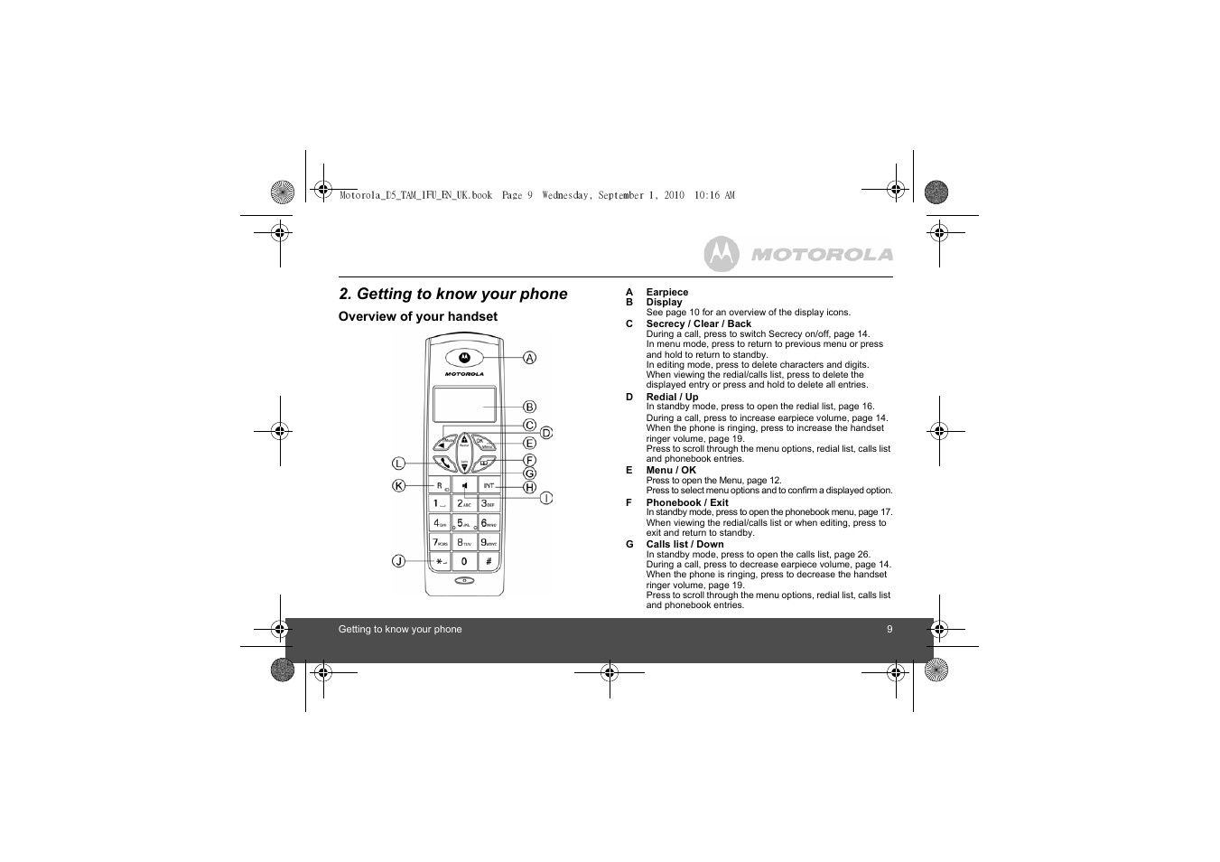 Getting to know your phone | Motorola Digital Cordless Telephone with Digital Answering Machine D511 User Manual | Page 9 / 45