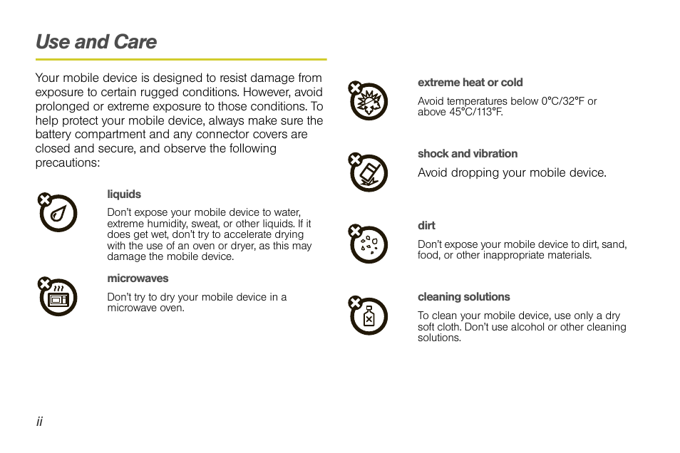 Use and care | Motorola I1 User Manual | Page 10 / 151