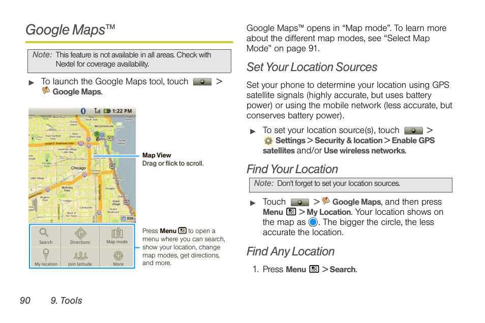 Google maps, Set your location sources, Find your location | Find any location | Motorola I1 User Manual | Page 100 / 151