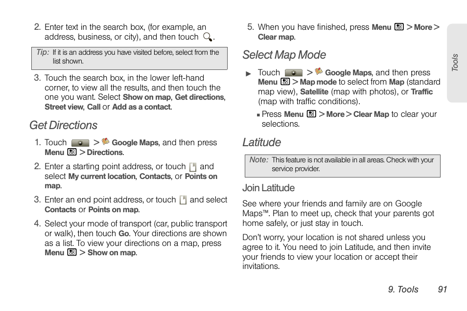 Get directions, Select map mode, Latitude | Motorola I1 User Manual | Page 101 / 151