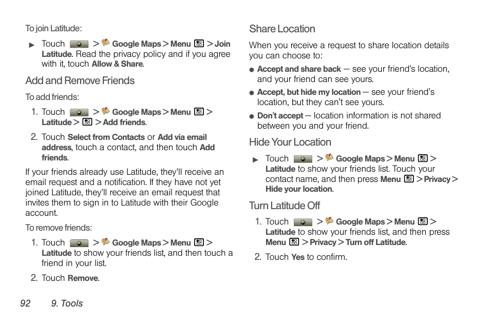 Add and remove friends, Share location, Hide your location | Turn latitude off | Motorola I1 User Manual | Page 102 / 151