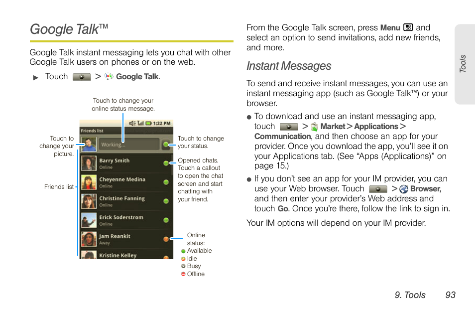 Google talk, Instant messages | Motorola I1 User Manual | Page 103 / 151