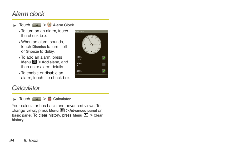 Alarm clock, Calculator | Motorola I1 User Manual | Page 104 / 151