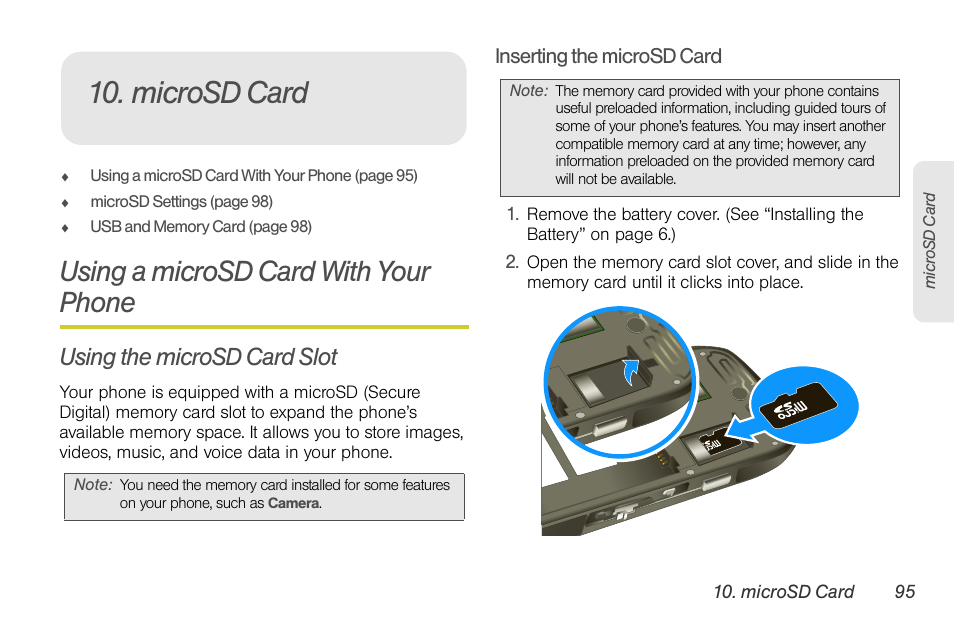 Microsd card, Using a microsd card with your phone, Using the microsd card slot | Motorola I1 User Manual | Page 105 / 151