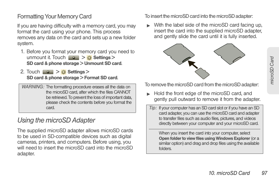 Using the microsd adapter | Motorola I1 User Manual | Page 107 / 151