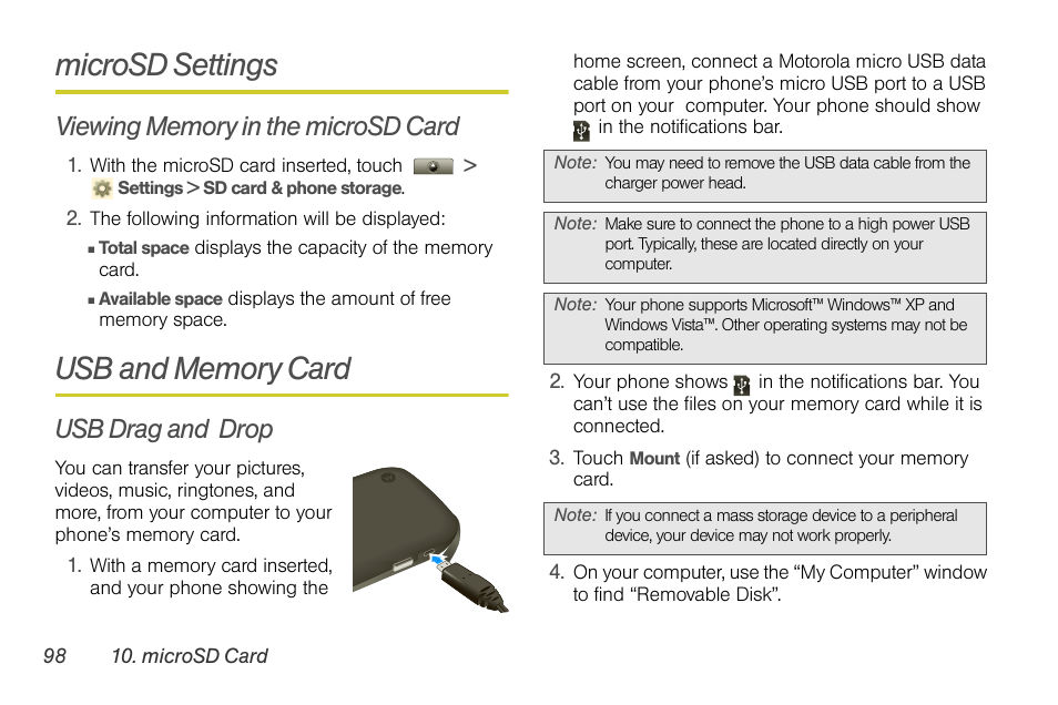 Microsd settings, Viewing memory in the microsd card, Usb and memory card | Usb drag and drop | Motorola I1 User Manual | Page 108 / 151