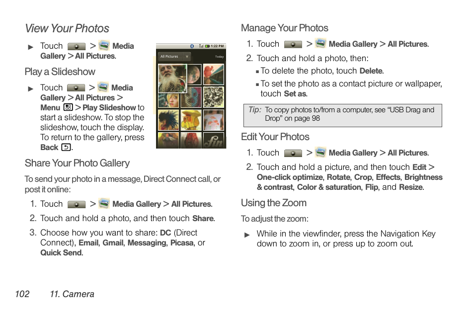 View your photos, Play a slideshow, Share your photo gallery | Manage your photos, Edit your photos, Using the zoom | Motorola I1 User Manual | Page 112 / 151