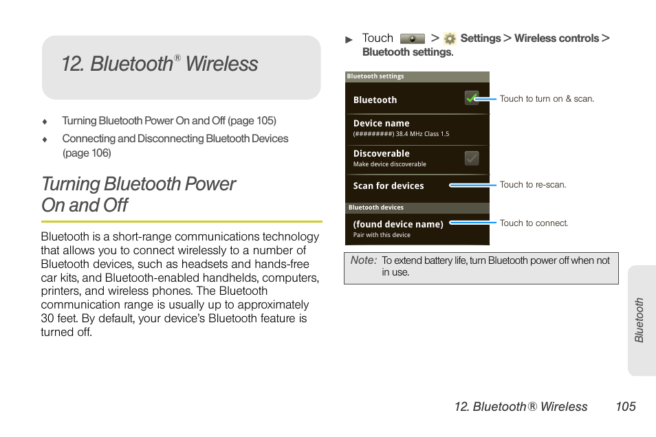 Bluetooth® wireless, Turning bluetooth power on and off, Bluetooth | Wireless | Motorola I1 User Manual | Page 115 / 151