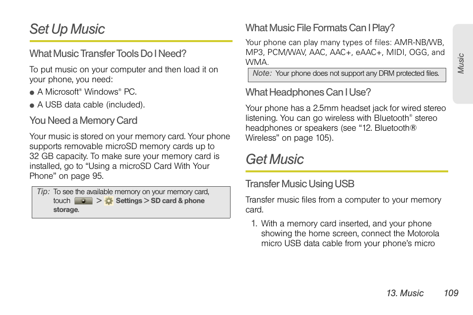 Set up music, Get music, What music transfer tools do i need | What music file formats can i play, What headphones can i use, Transfer music using usb | Motorola I1 User Manual | Page 119 / 151