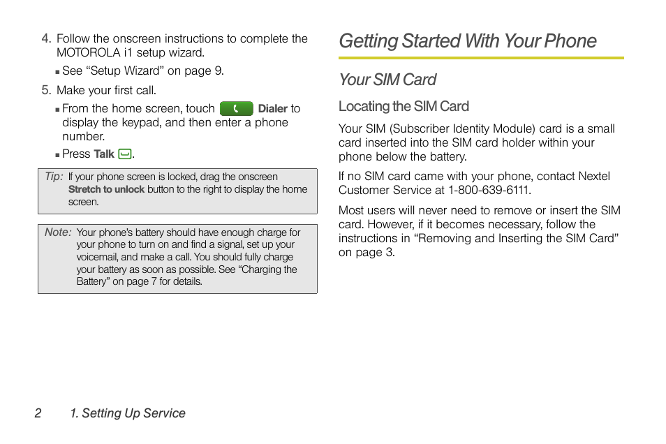 Getting started with your phone, Your sim card | Motorola I1 User Manual | Page 12 / 151