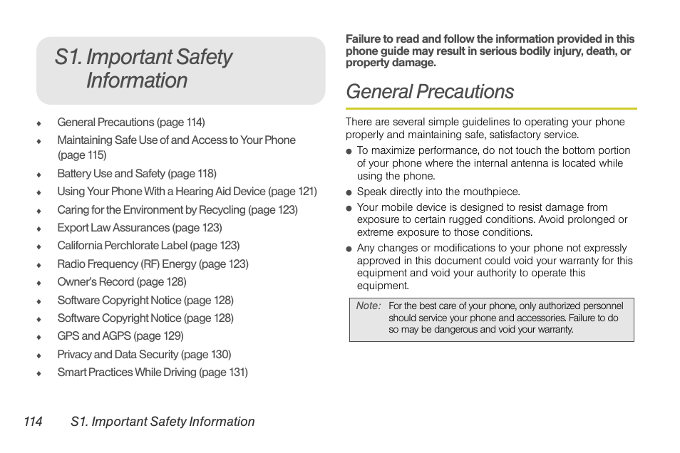 S1. important safety information, General precautions | Motorola I1 User Manual | Page 124 / 151