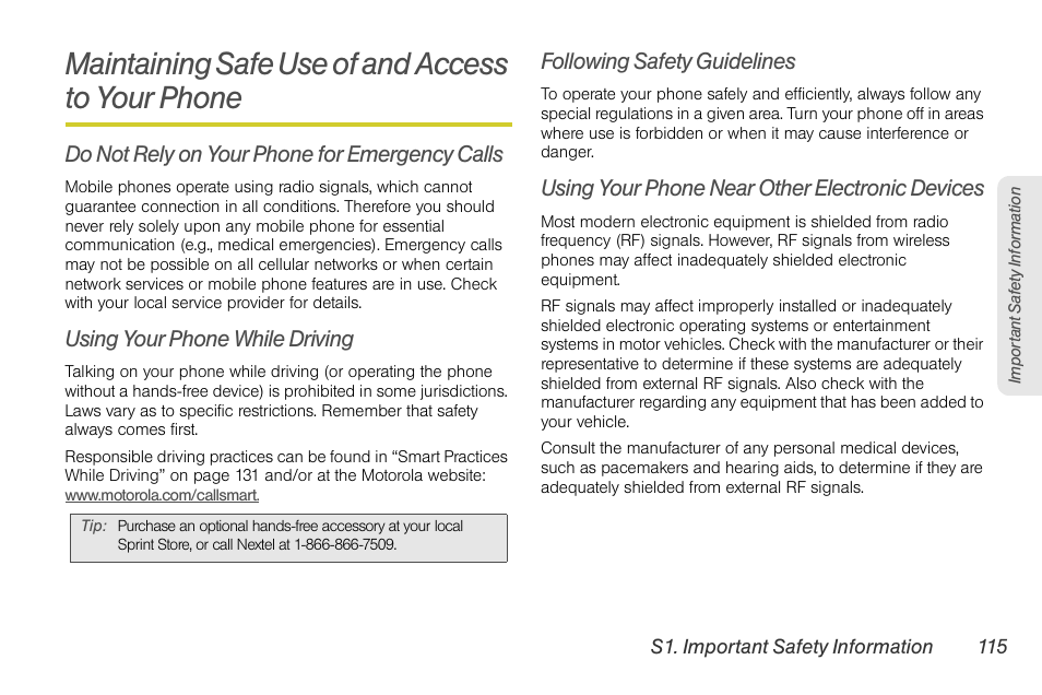 Maintaining safe use of and access to your phone, Do not rely on your phone for emergency calls, Using your phone while driving | Following safety guidelines, Using your phone near other electronic devices | Motorola I1 User Manual | Page 125 / 151