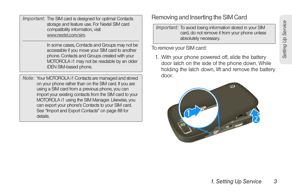 Removing and inserting the sim card | Motorola I1 User Manual | Page 13 / 151