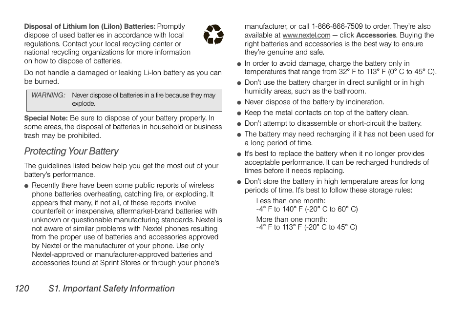 Protecting your battery, 120 s1. important safety information | Motorola I1 User Manual | Page 130 / 151