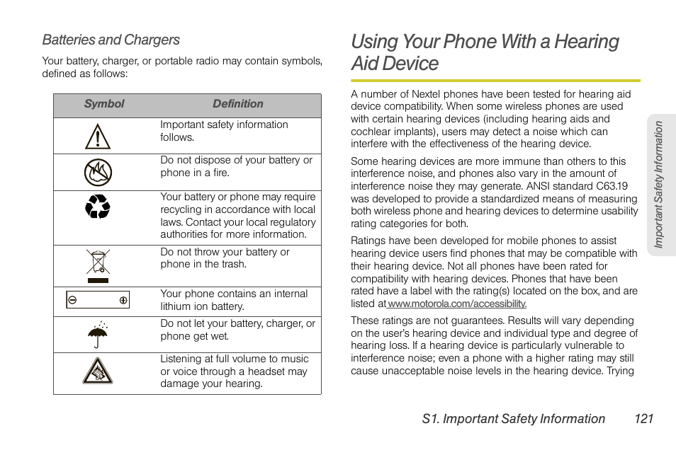 Batteries and chargers, Using your phone with a hearing aid device, Using your phone with a hearing aid device 121 | Motorola I1 User Manual | Page 131 / 151