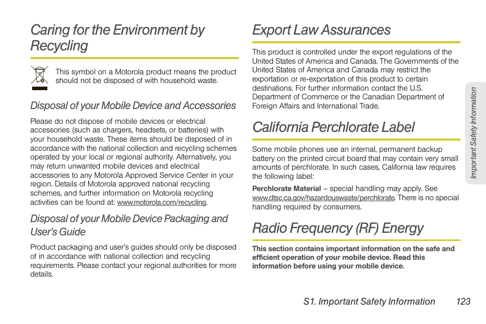 Caring for the environment by recycling, Disposal of your mobile device and accessories, Export law assurances | California perchlorate label, Radio frequency (rf) energy | Motorola I1 User Manual | Page 133 / 151