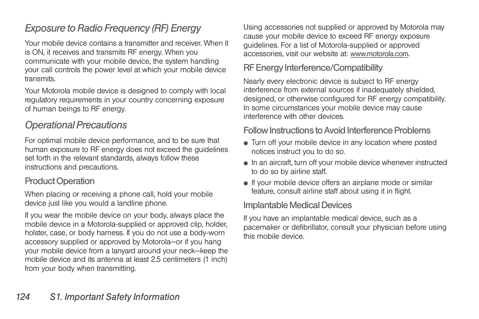 Exposure to radio frequency (rf) energy, Operational precautions | Motorola I1 User Manual | Page 134 / 151