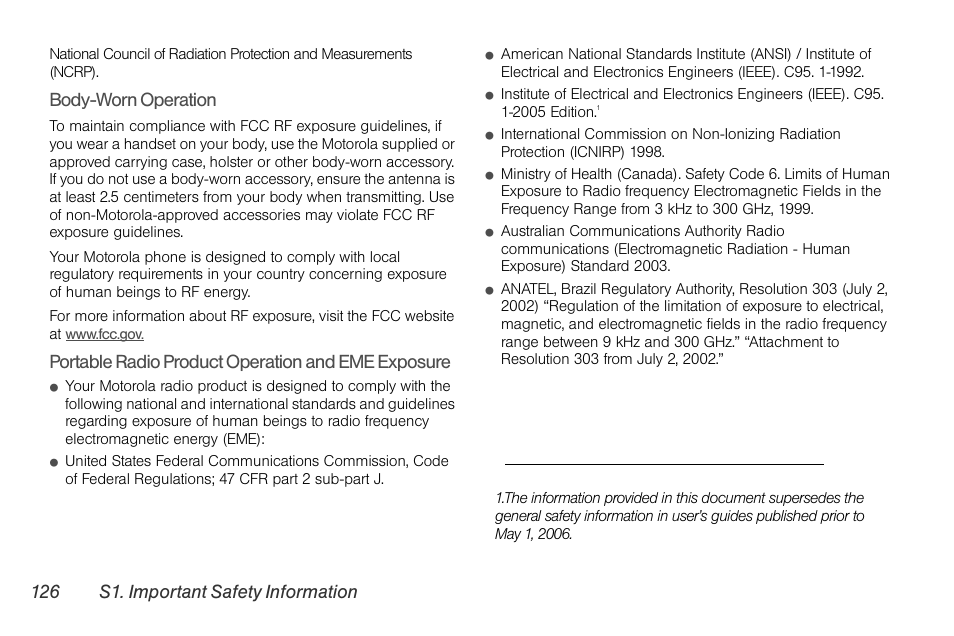 126 s1. important safety information, Body-worn operation, Portable radio product operation and eme exposure | Motorola I1 User Manual | Page 136 / 151