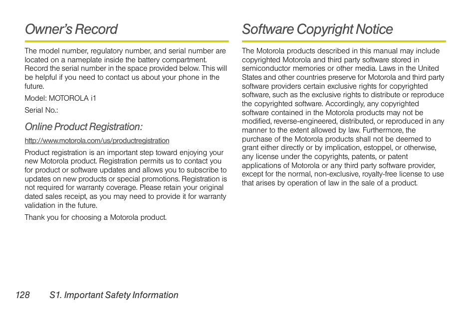 Owner’s record, Online product registration, Software copyright notice | Motorola I1 User Manual | Page 138 / 151